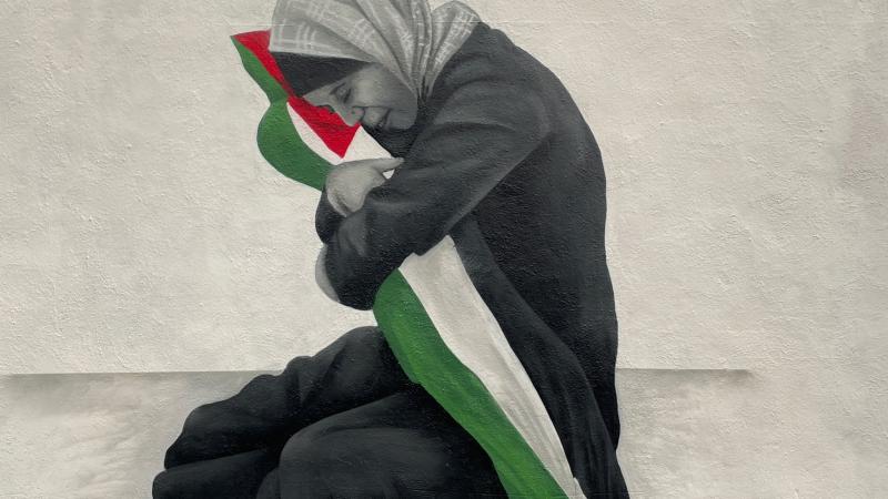 جدارية في مدينة دبلن لشابة فلسطينية تحضن جثمان ابنتها الشهيدة الملفوفة بكفن أبيض في غزة